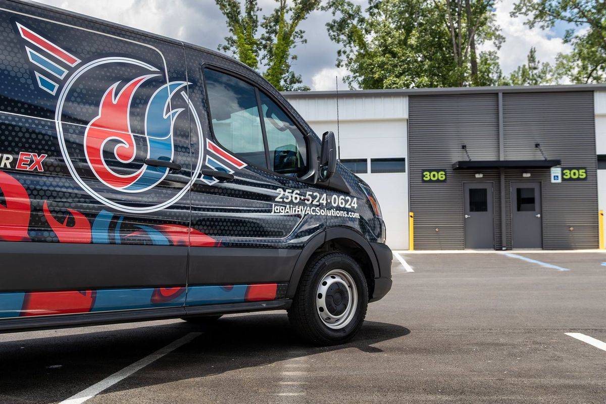 JagAir HVAC Solutions van with a full commercial wrap installed by Good Graphics Co.